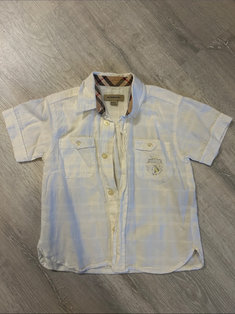 Burberry Boys' White Short Sleeve Button-Down with Signature Check Collar